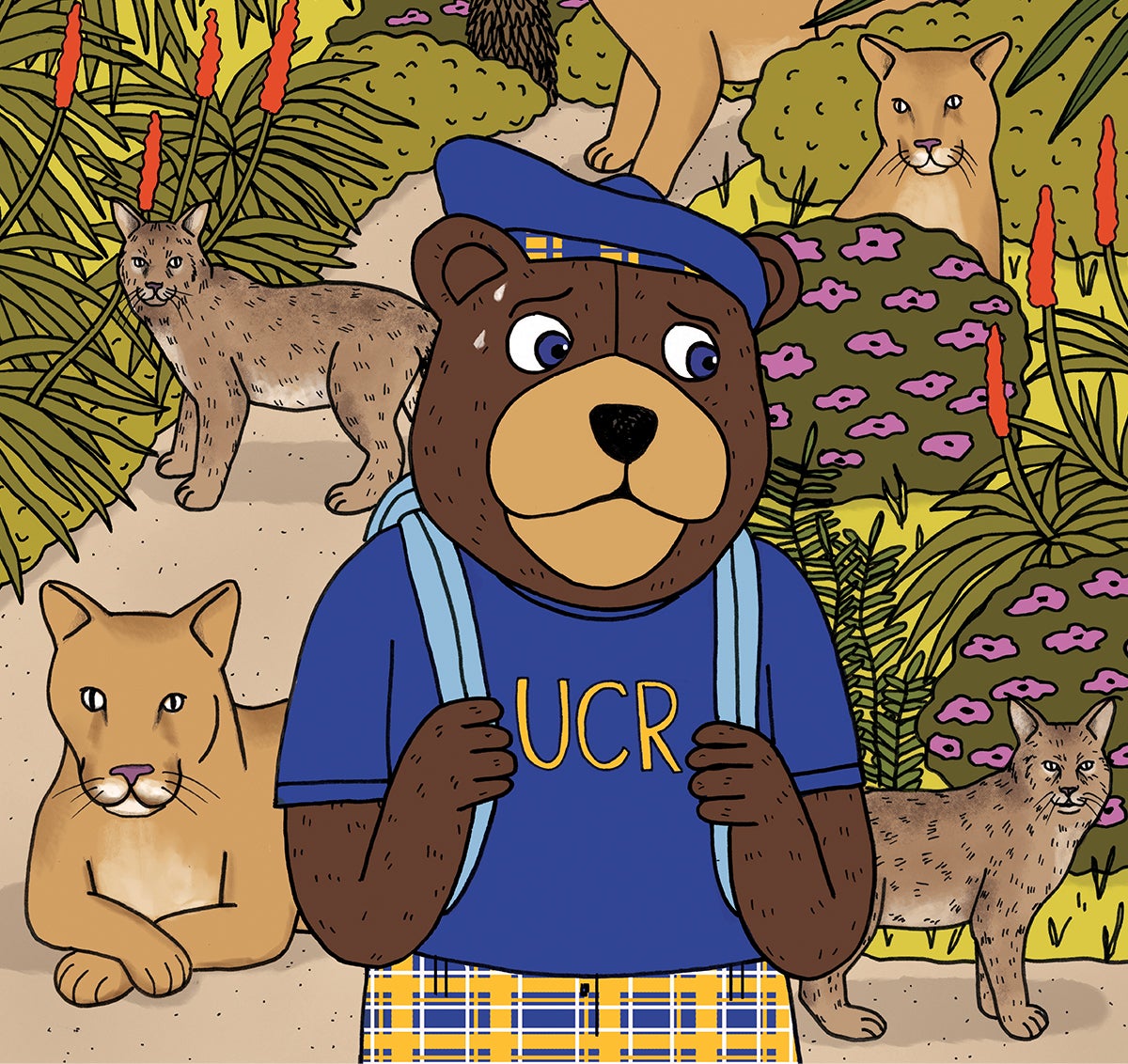UCR's mascot Scotty in the forest, surrounded by felines.