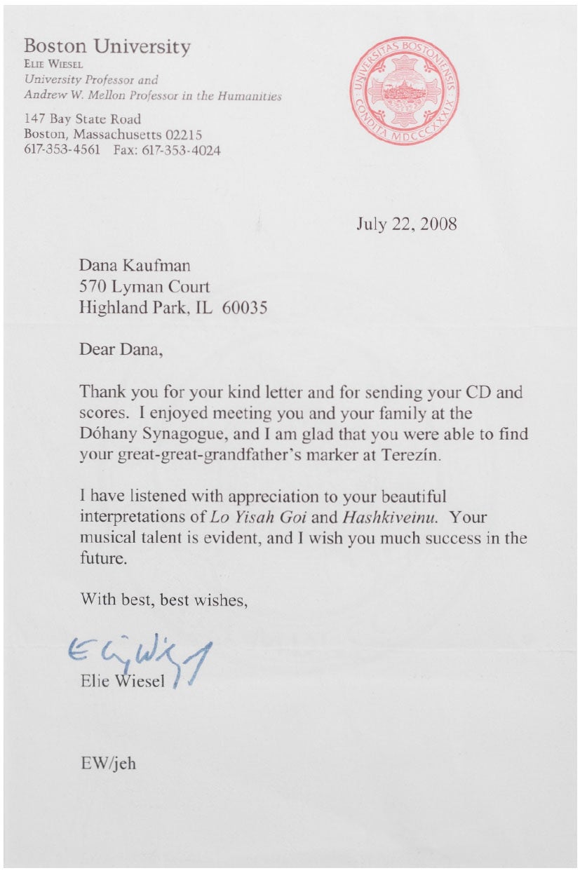 Photo of letter from Elie Wiesel dated July 22, 2008.