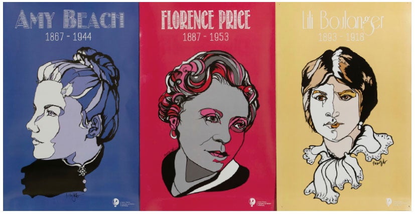 Three illustrated posters of composers Amy Beach, Florence Price, and Lili Boulanger.