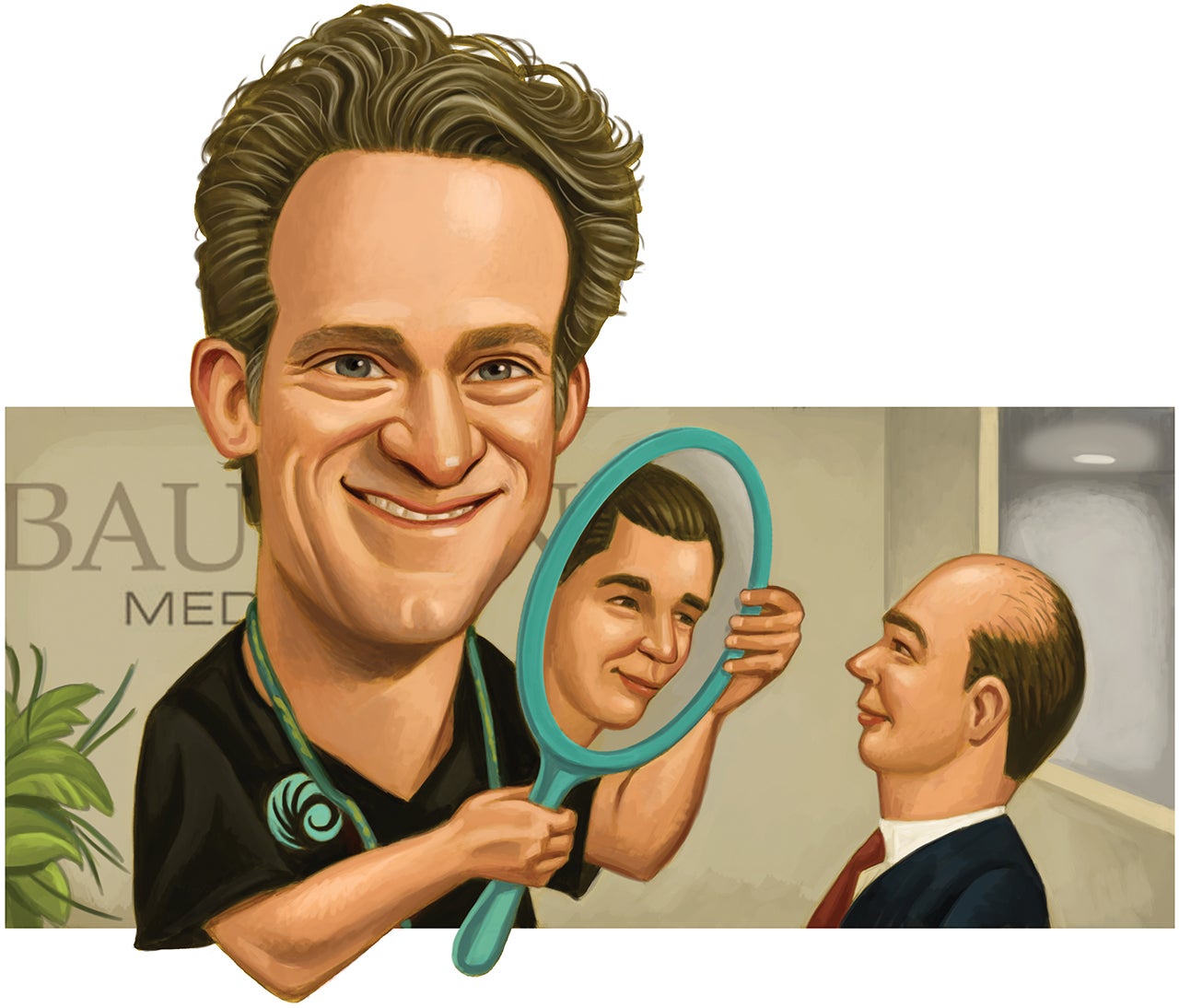 Illustration of Alan Bauman holding a mirror to a man, the reflection showing him with hair.